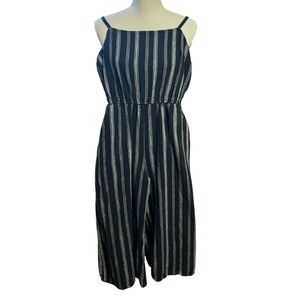 GAP Women Wide Leg Cropped Jumpsuit Linen Blend Elastic Waist Striped Blk Size M